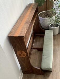 Handcrafted cherry and walnut wood prayer kneeler with custom engraving – elegant and sturdy prayer bench for home, church, or personal devotion. Custom orders available.